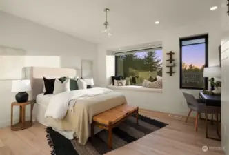 Bedroom with big walk-in closet, water views and storage bench