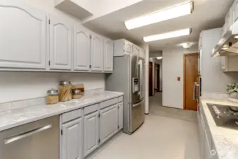 The stainless dishwasher and refrigerator are on the left.