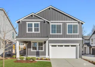 Exterior photo of a different Alki Craftsman in another community and used for representational purposes only. All colors, finishes, designs, and surrounding homes and landscape will vary.