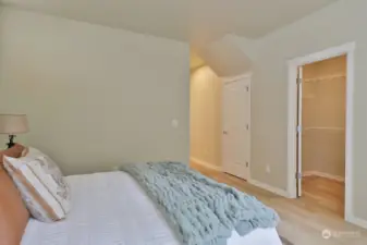 Primary full bath is located on the left side of the hallway that connects the bedroom to the main entry of the home. Walk in Closet (open door) plus a second closet (closed door to the left of WIC).
