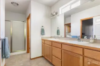 Easy access shower and ample space in primary bathroom for ease of use.