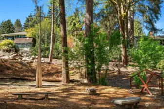 A Meditation garden in the private open space at Thornton Creek has been created from relics of the former St. George Episcopal church which previously stood on the property.