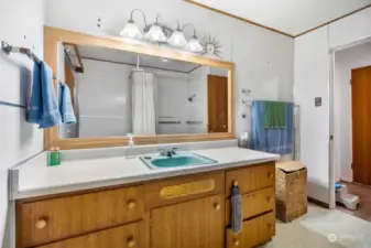 In true mid-century fashion, the bathroom features aqua sink and tub/shower with the original cabinetry.