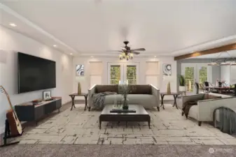 Virtually staged family room.