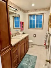 Hall guest bath with heated tile floors and jetted tub.