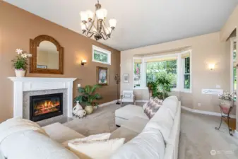 The living room features this beautiful gas fireplace, a bay window out to the front garden, and sweeping views of Puget Sound and the Seattle skyline.