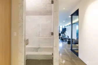 Lower level Carrera marble steam room off of the spa style bathroom.