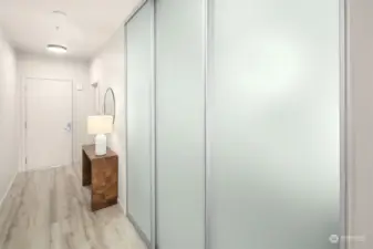The bedroom space can easily be concealed with frosted glass door for privacy