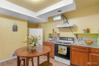 Daylight basement kitchen with refrigerator and oven range.