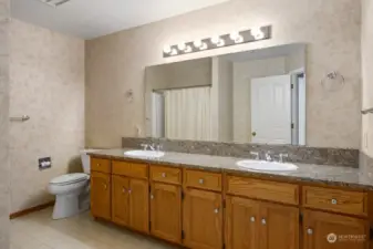 Upstairs hall bath with double sinks & lots of cabinets