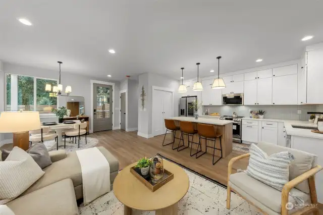 On the lower levels, each living, dining, and kitchen area provides an elevated experience, featuring expansive kitchen islands, breakfast bars, abundant storage and pantry space, secluded powder rooms, and the perfect space for relaxation.