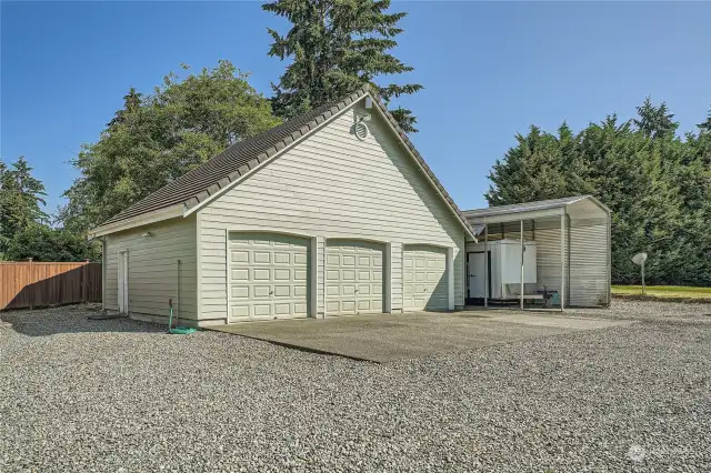 3 car-port shop with built-in shelving and extra attic space