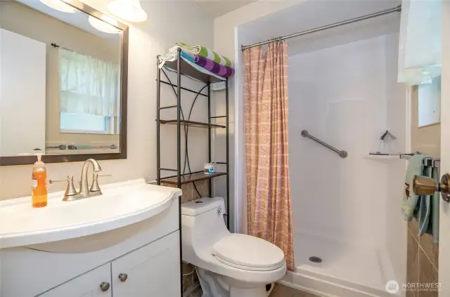The primary bathroom features a brand-new walk-in shower, complemented by beautiful cabinetry and a modern sink.