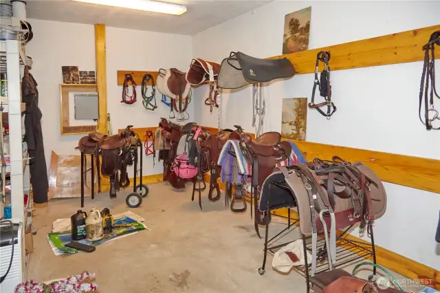 Tack room perfectly set up to store all your saddles and gear in one place.