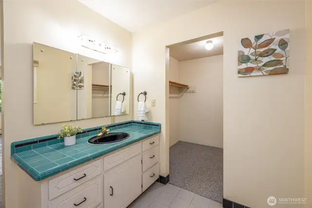 The primary bathroom with walk in closet.