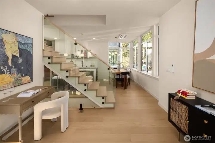 Sophisticated finishes include; glass railings on your floating staircase