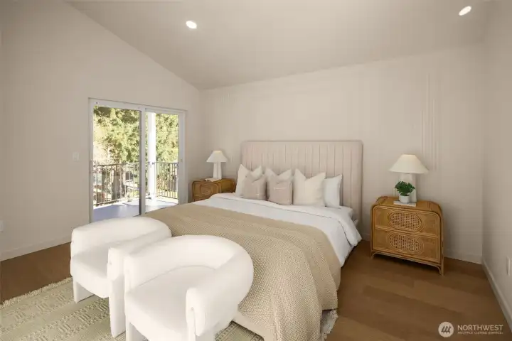 The primary suite features access to its own private deck