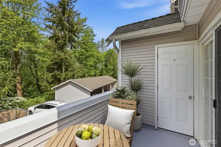 Deck off of living room with storage (virtually staged)