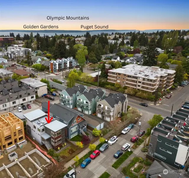 Looking west towards the Puget Sound and Olympic Mountains. Such a great location - you are less than 3 miles from Golden Gardens Beach, Shilshole Marina and the Golden Gardens off-leash dog park!