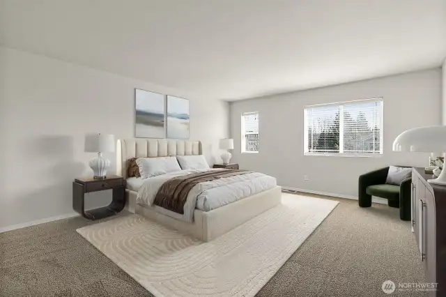 Nice large Primary Bedroom. Partial top of Mt Rainier view from these windows on a clear day! Virtually Staged