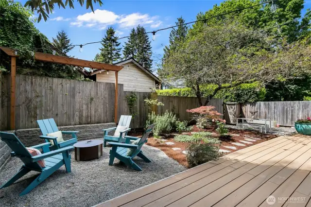 Another view of this hidden, fully fenced oasis. The gate, just beyond the table, leads to the private driveway that is accessed from Wright.