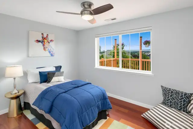 Bedroom 3 that has mountain views. The mountains were hiding on photo day.