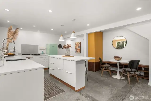 2nd Kitchen in the Lower Level, with custom bench seating at the dining nook