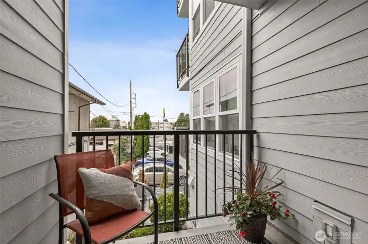 Private balcony with views of the Olympic Mountains and sunsets
