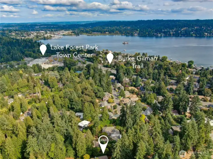 Shopping Center, Burke Gilman Trail, Bothell Way Hwy 522 for Metro Bus.