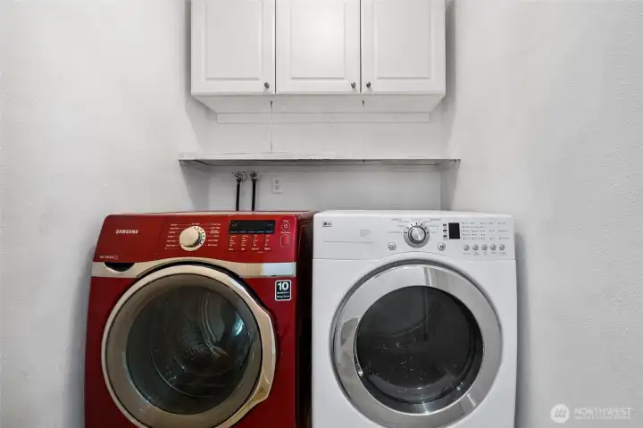Laundry room with built-in cabinetry for extra storage.