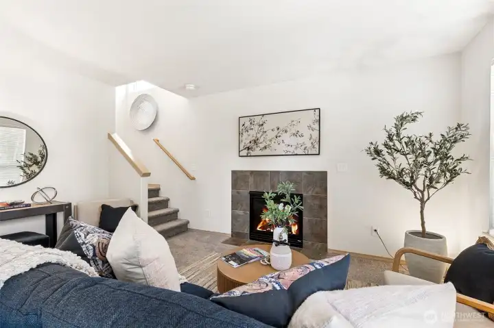 Light and bright living spaces and a cozy gas fireplace.