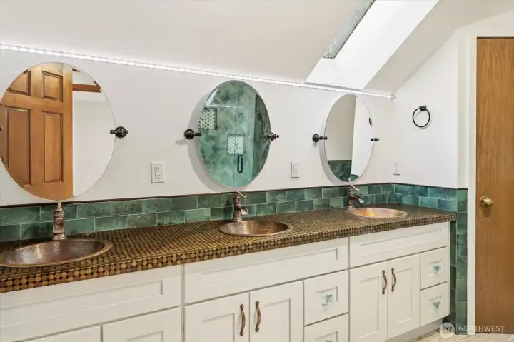Custom penny countertop and copper sinks