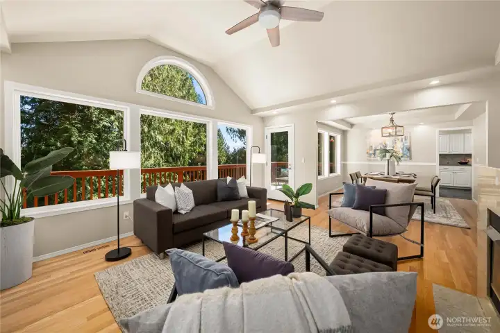 Vaulted ceilings create an expansive feel.