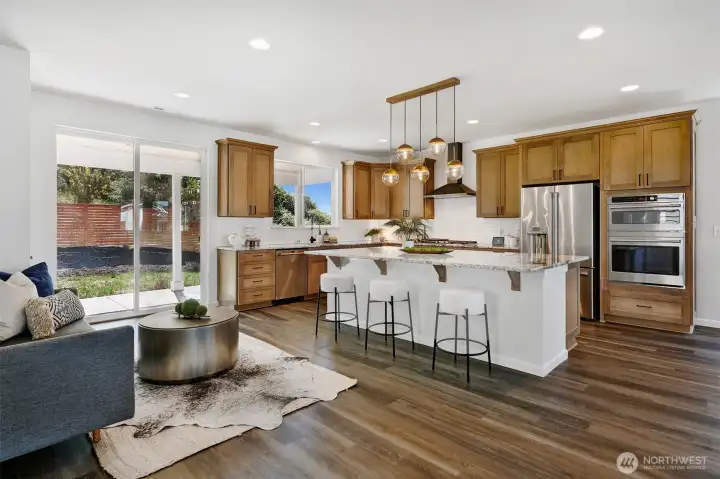 Reading nook or play area right outside the large kitchen Island