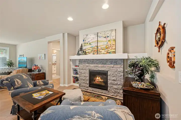 Beautiful Gas Fireplace With Bookshelves on Each Side.