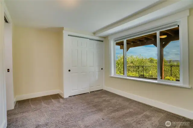 The lower level, 6th bedroom overall, has a closet and lush green views!