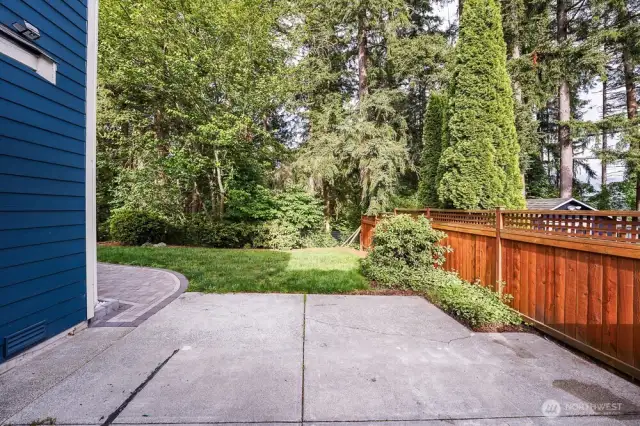 This home has so much privacy in the back yard. It features a large deck, new paver walkways with landscape lighting, and a large concrete patio on the side of the home.