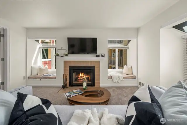 Fabulous living area with wood burning fireplace.