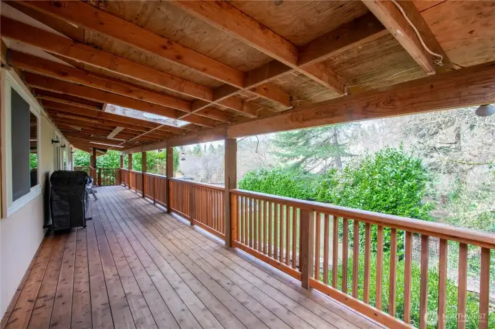 Deck from the main level wraps around the house with skylights.  Enjoy the view!