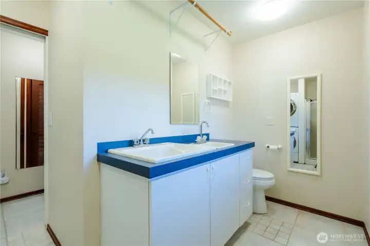Laundry/Bath room with utility sink and small sink next to toilet.