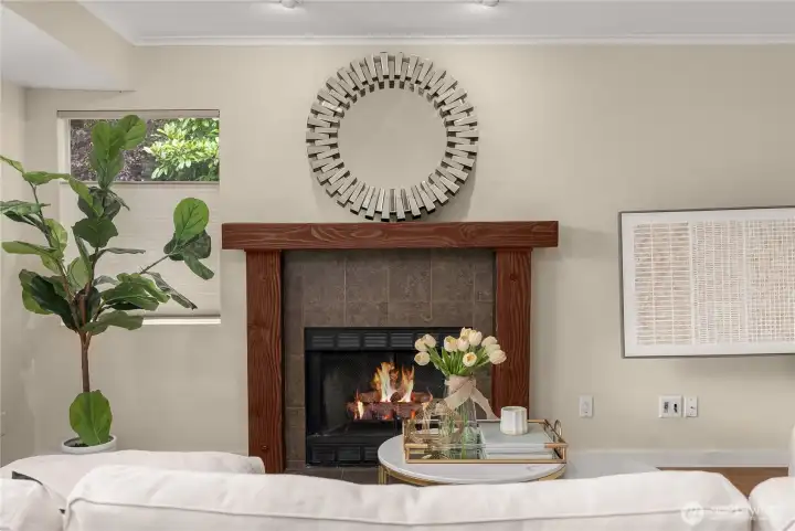 Cozy living room with wood-burning fireplace!