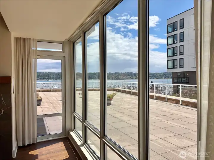 Living room, and patio door