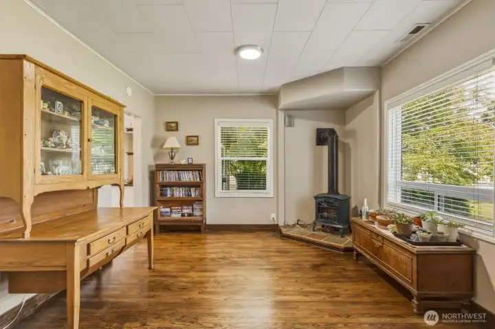 Dining room with gas stove.