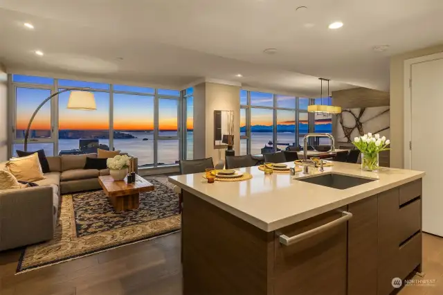 The open layout is ideal for entertaining against the backdrop of Puget Sound.