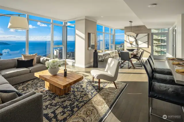 Interiors are bathed in natural light with a panorama of sea and sky, from Puget Sound & Elliott Bay to the majestic Olympics providing a stunning backdrop to daily life.