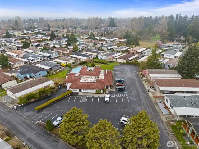 Aerial view of the community club, pool, and picnic area.