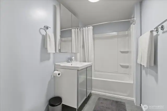 Bathroom is fully remodeled.