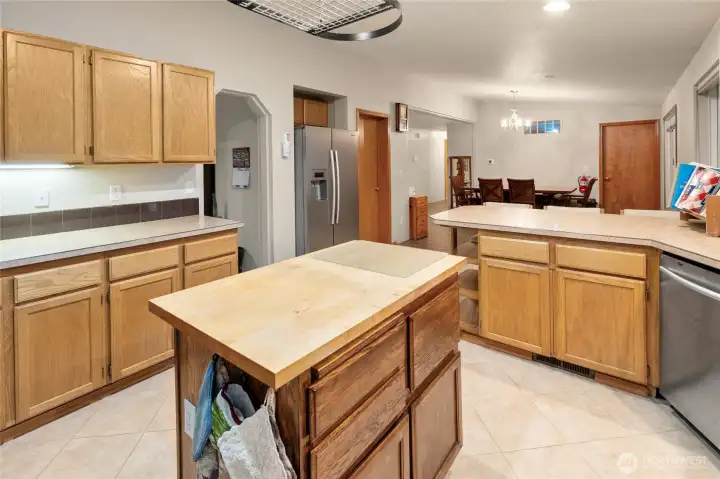 Spacious kitchen with walk-in pantry and large dining area