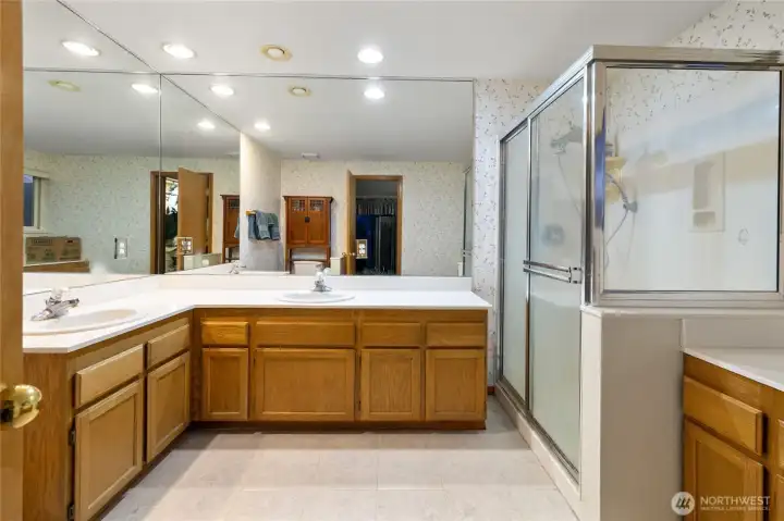 Double-sink vanity with plenty of storage and walk-in shower