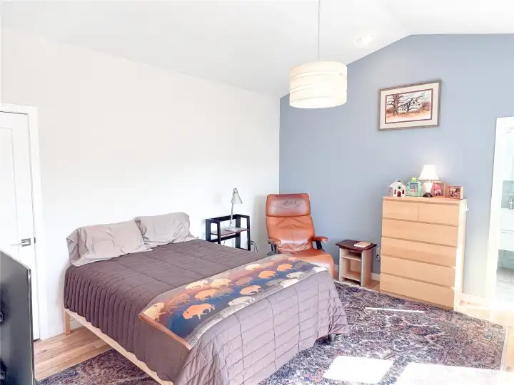 A roomy primary with walk-in closet to the left and door to the bathroom on the right.